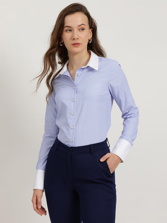 Cotton Contrast Detail Shirt - Blue