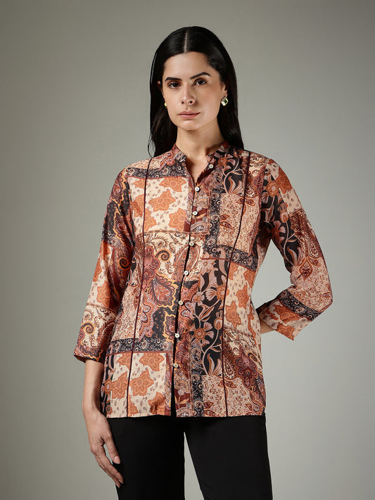 Muslin Motif Print Shirt -  Beige