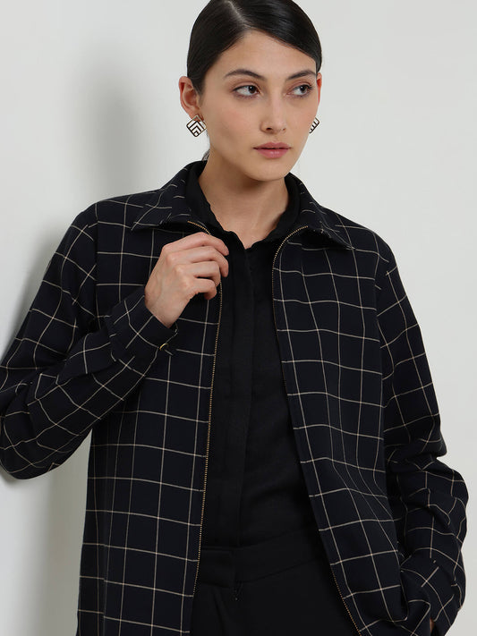 Cotton Plaid Shacket - Black