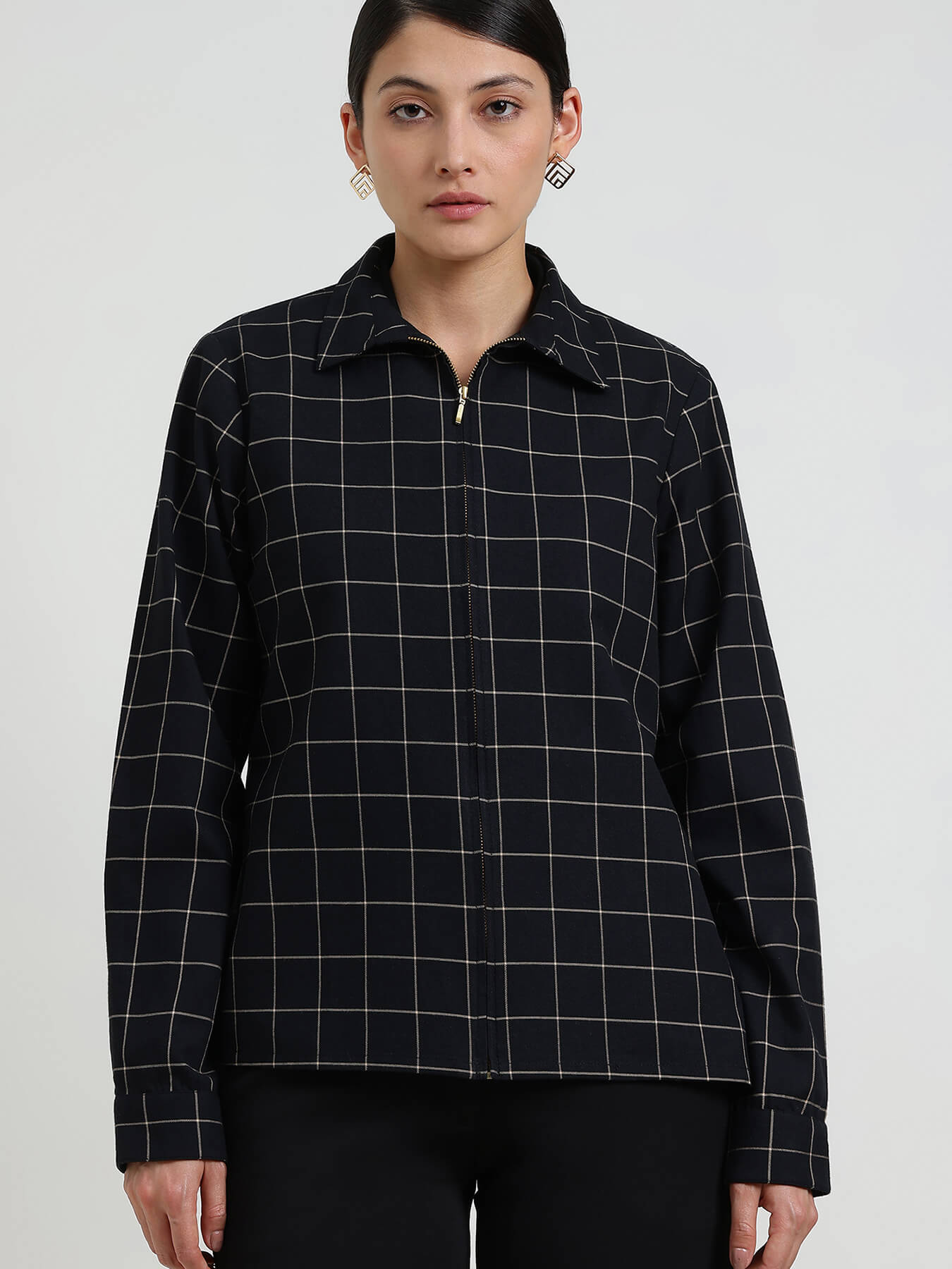 Cotton Plaid Shacket - Black