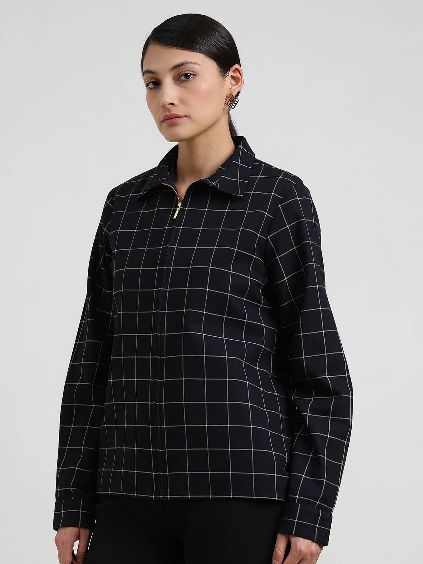 Cotton Plaid Shacket - Black