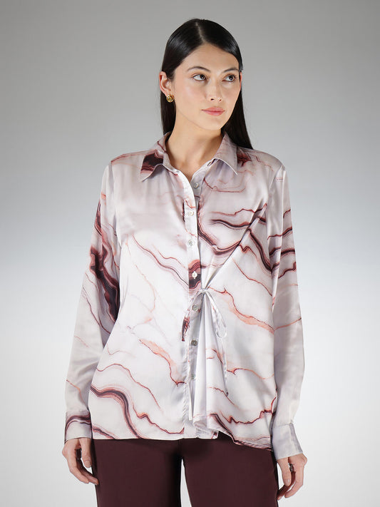 Satin Marble Print Shirt - Off-White