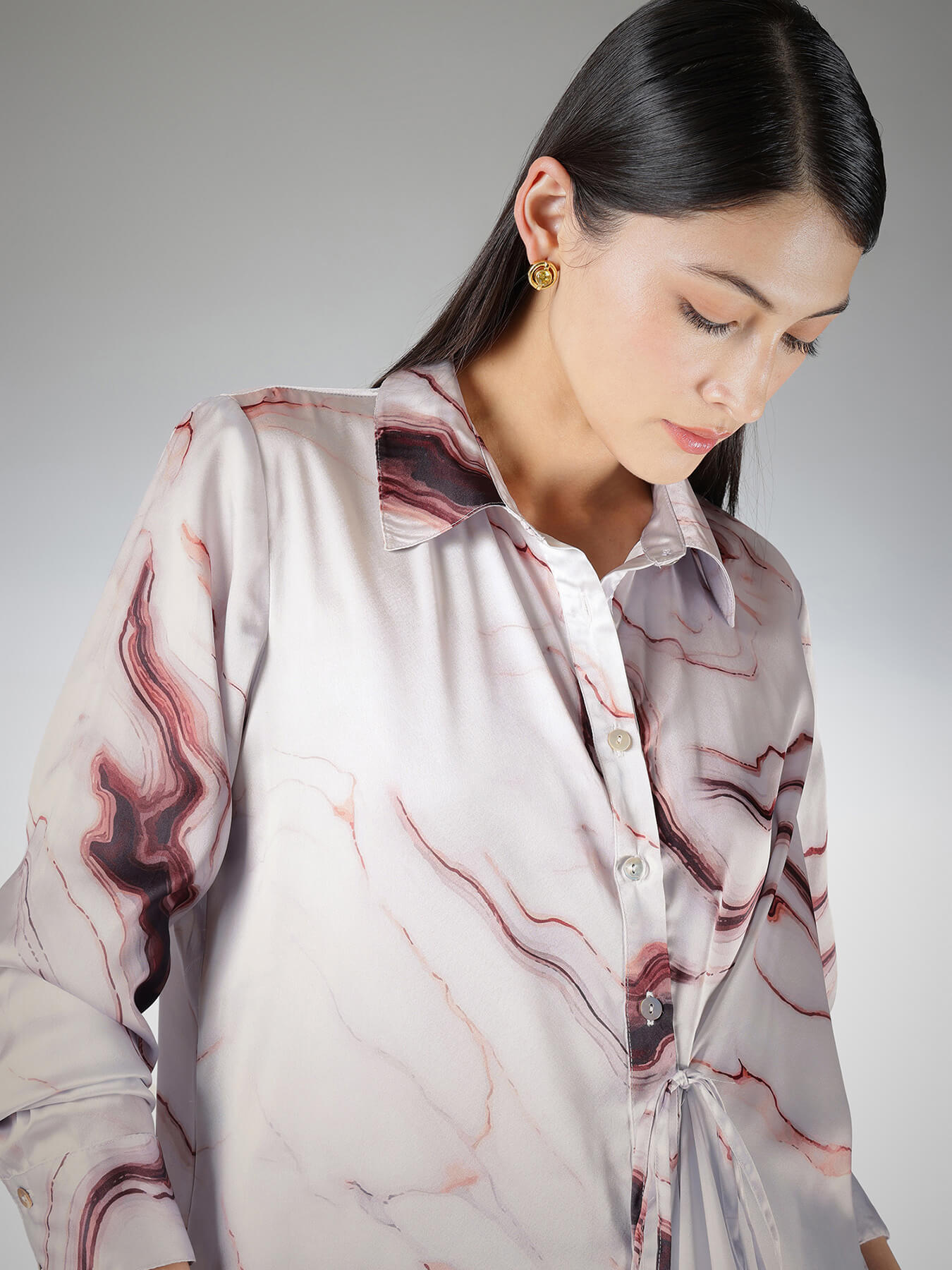 Satin Marble Print Shirt - Off-White