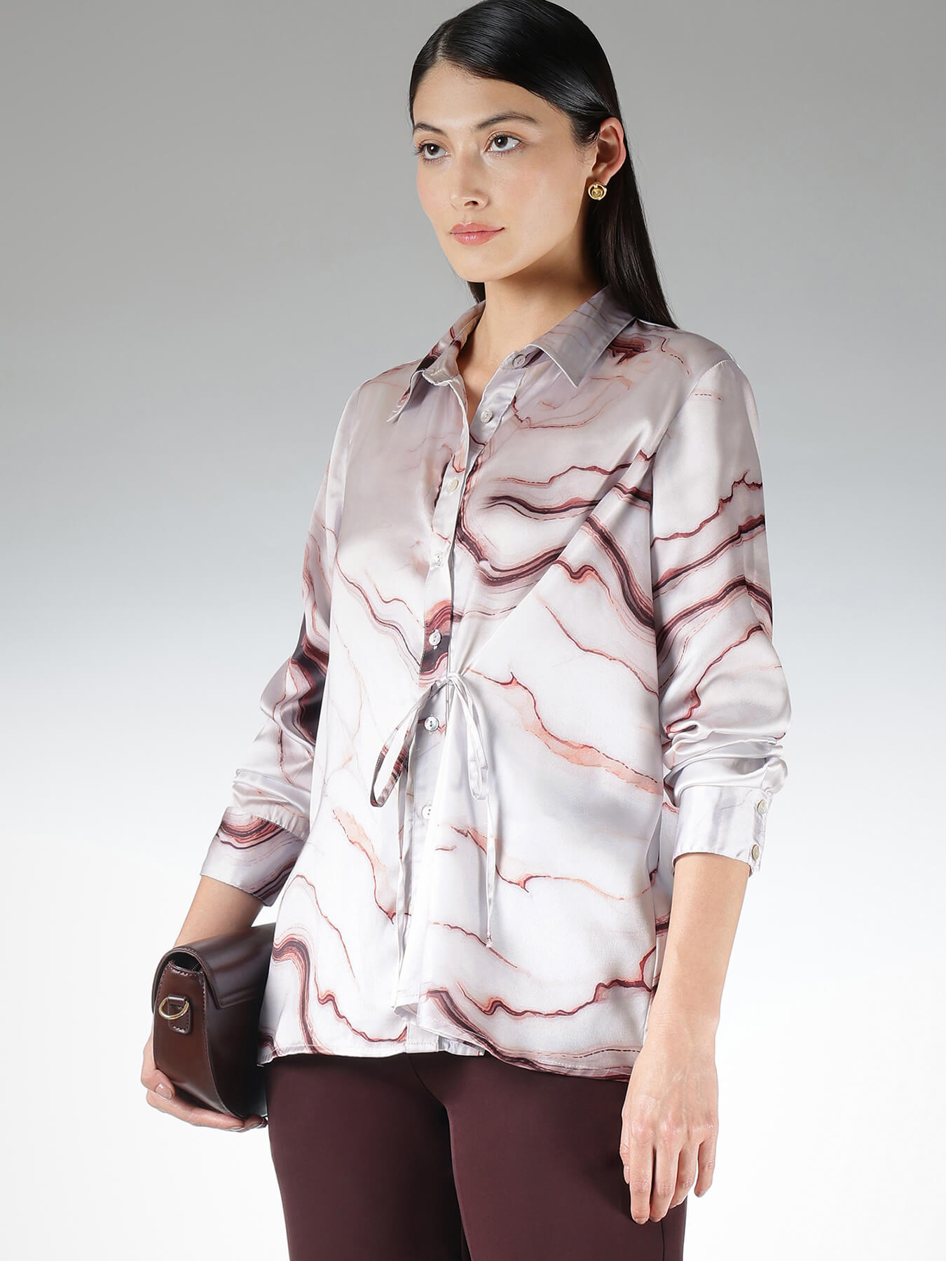 Satin Marble Print Shirt - Off-White