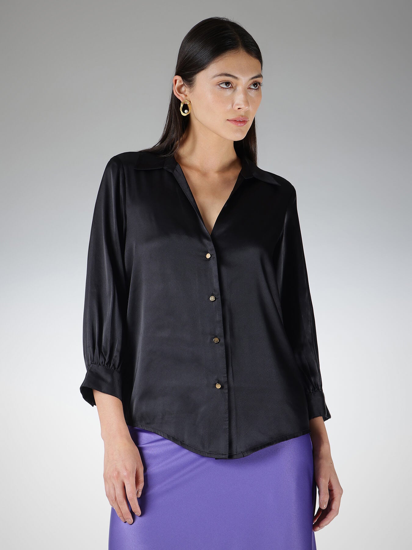 Satin V-Neck Shirt - Black