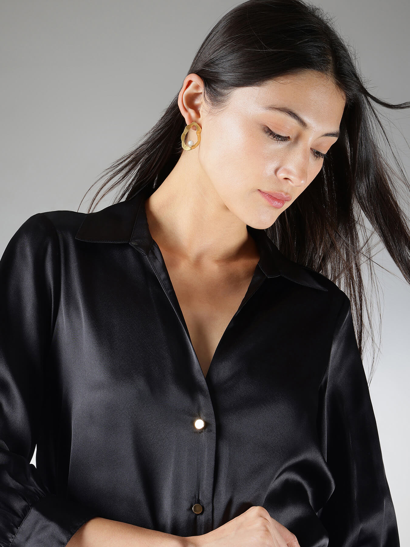 Satin V-Neck Shirt - Black
