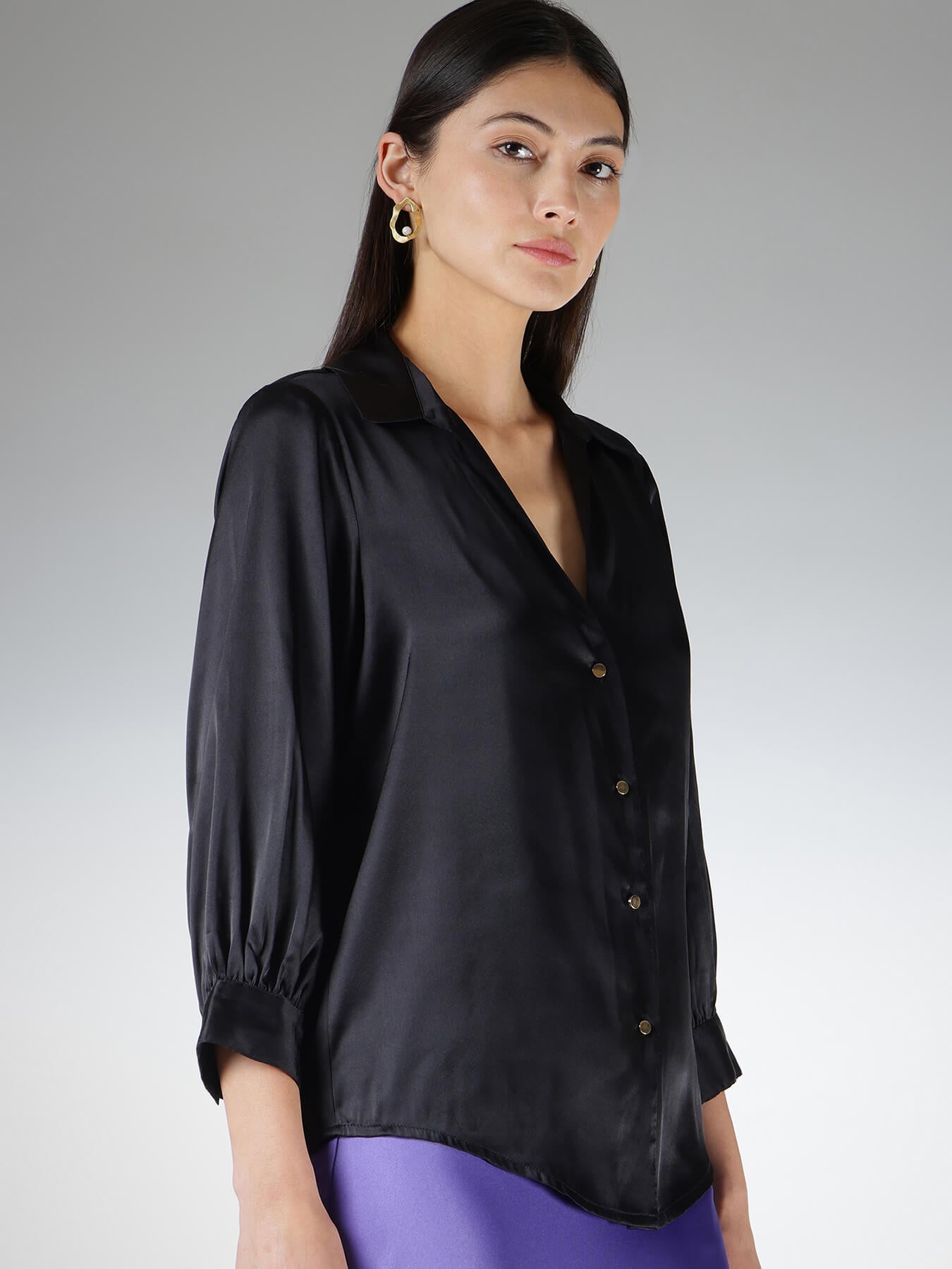 Satin V-Neck Shirt - Black
