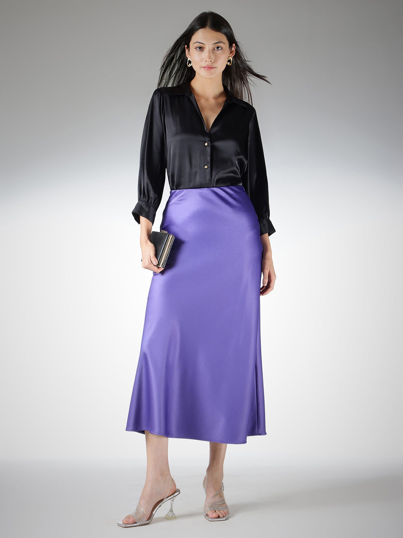 Satin V-Neck Shirt - Black