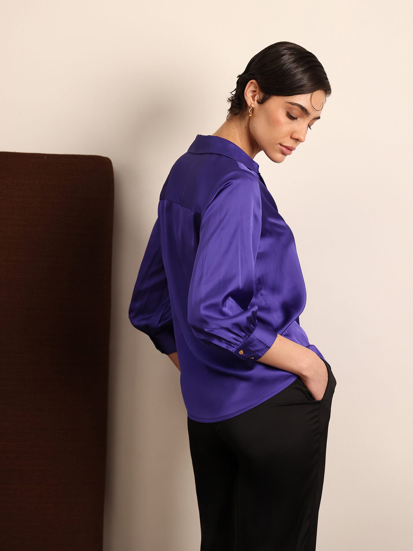 Satin V-Neck Shirt - Royal Blue
