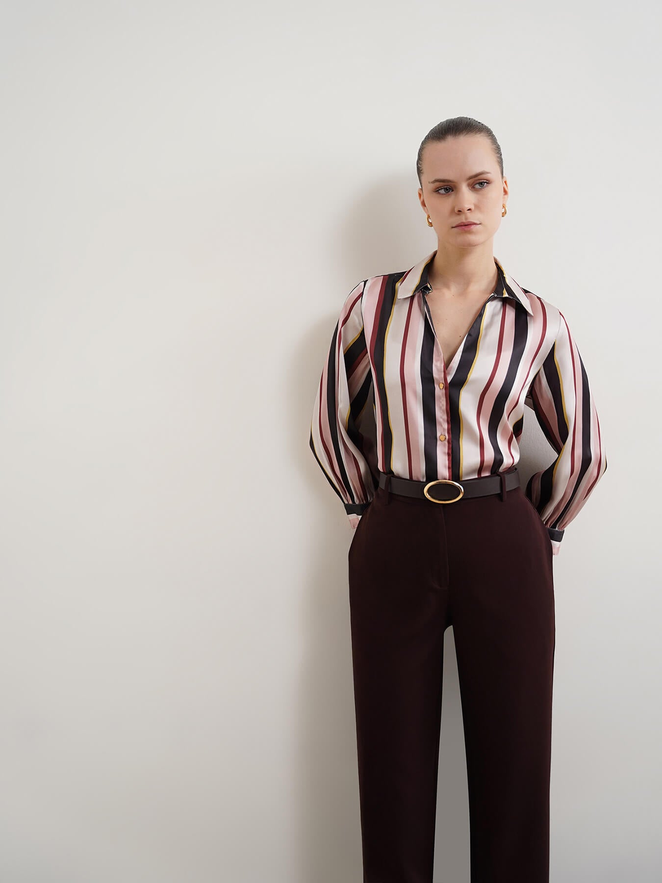 Satin Striped Shirt - Beige