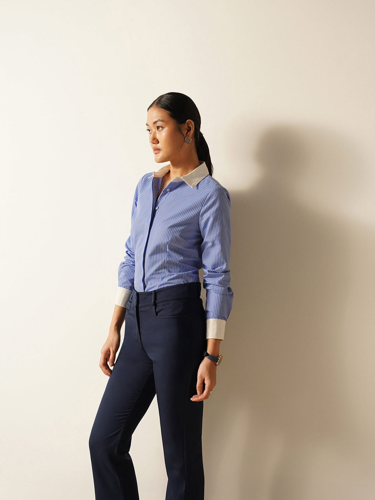 Striped Contrast Collar Shirt - Blue
