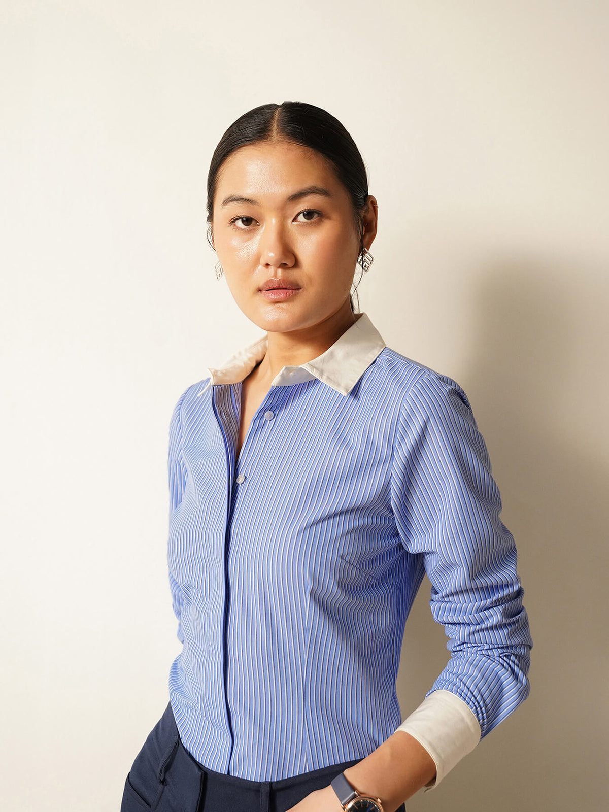 Striped Contrast Collar Shirt - Blue