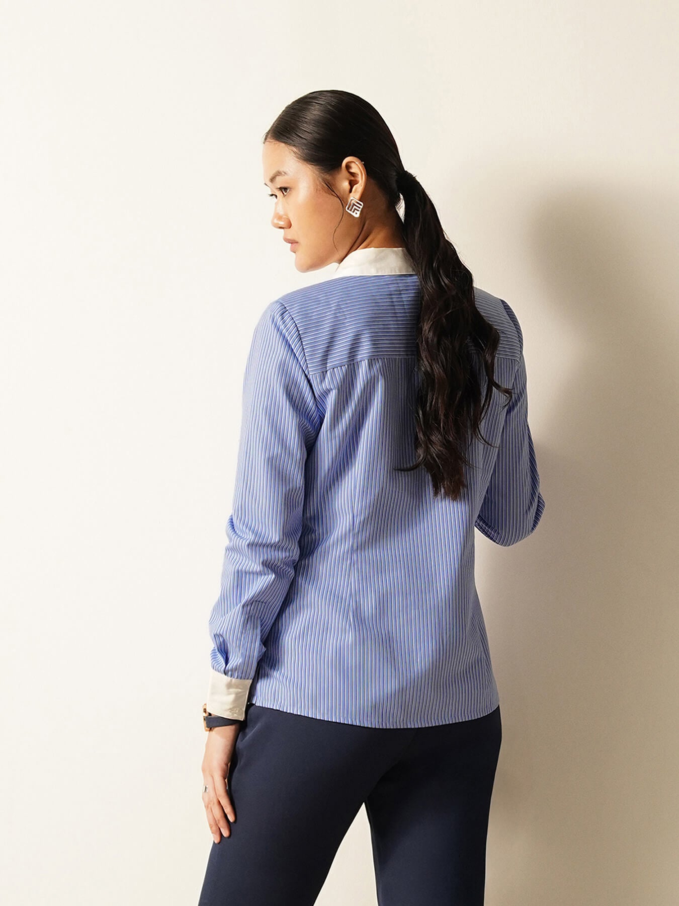 Striped Contrast Collar Shirt - Blue