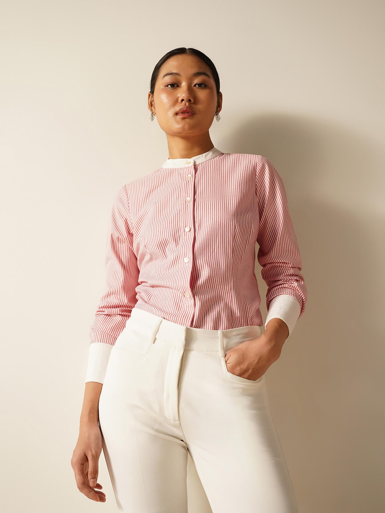 Striped Mandarin Collar Shirt - Red