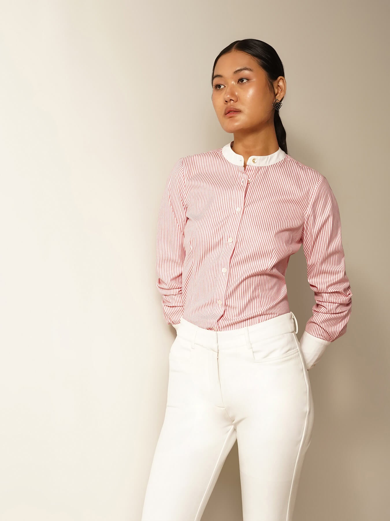 Striped Mandarin Collar Shirt - Red