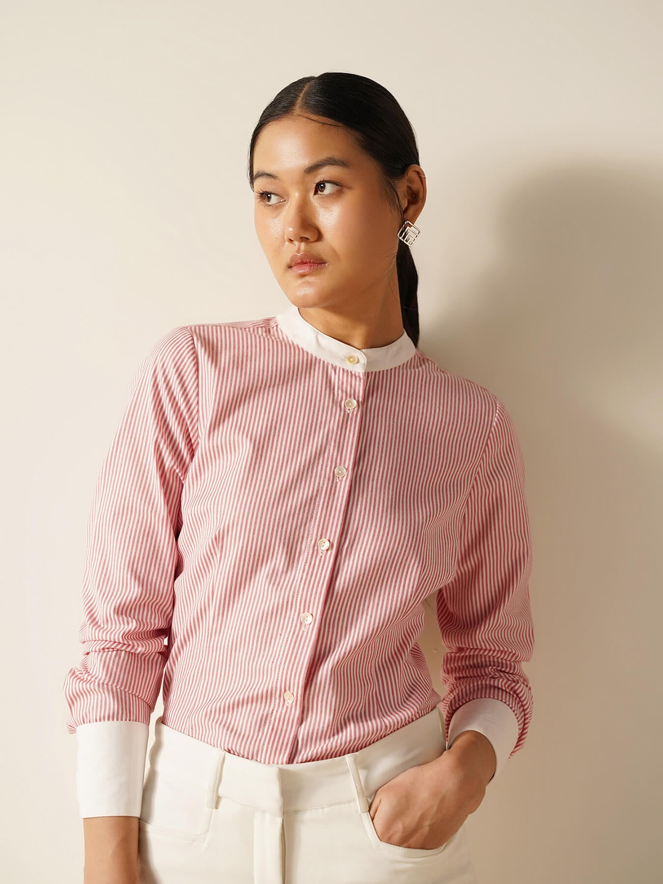 Striped Mandarin Collar Shirt - Red