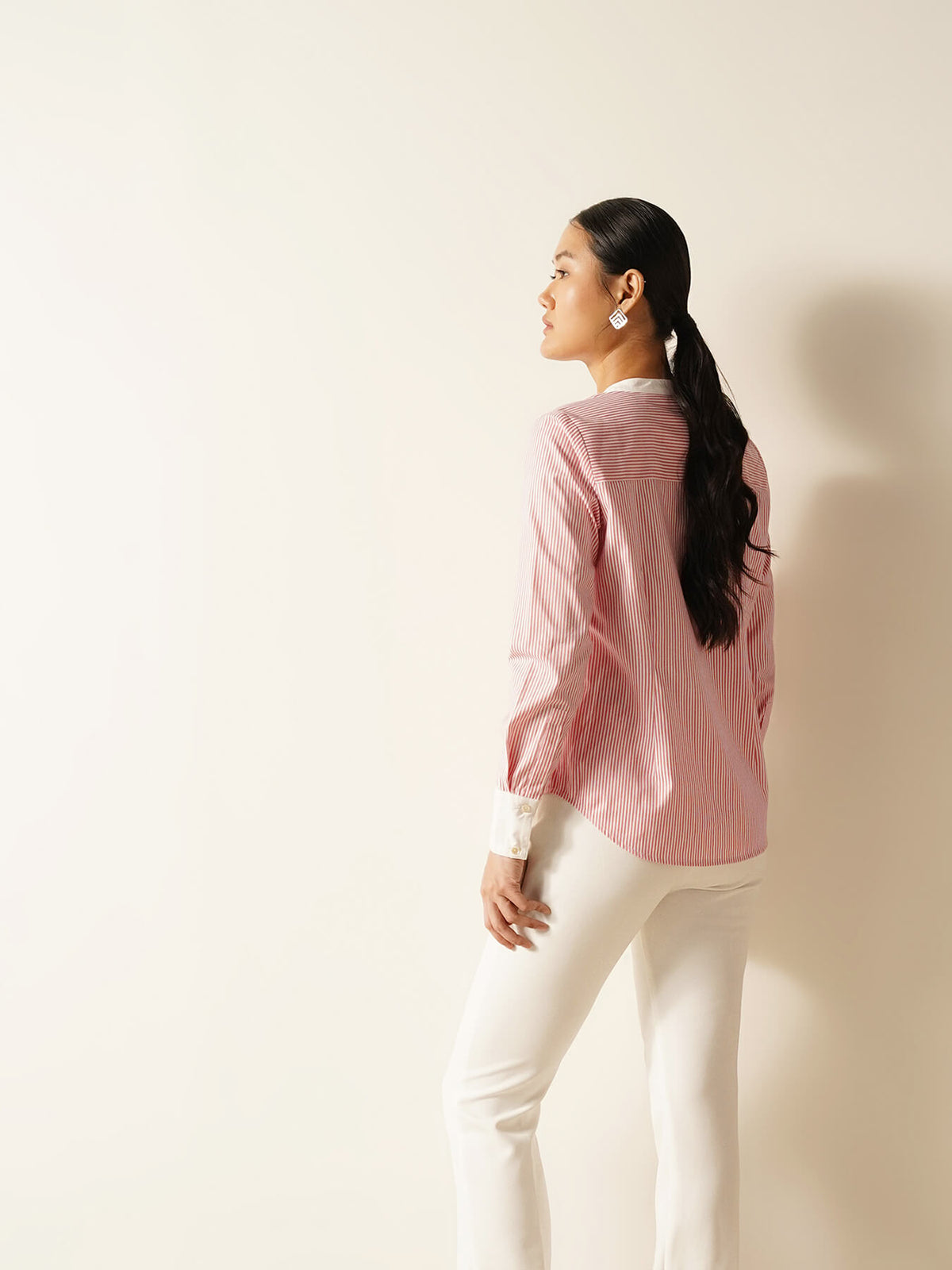 Striped Mandarin Collar Shirt - Red