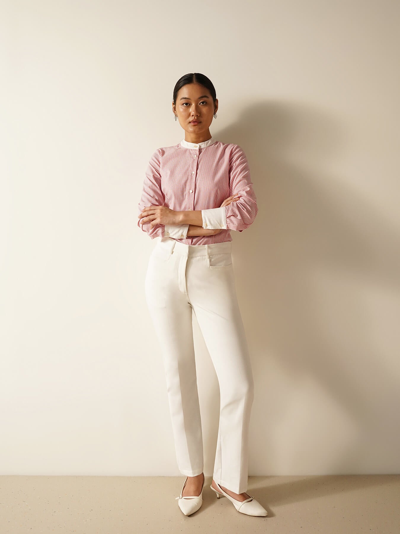 Striped Mandarin Collar Shirt - Red