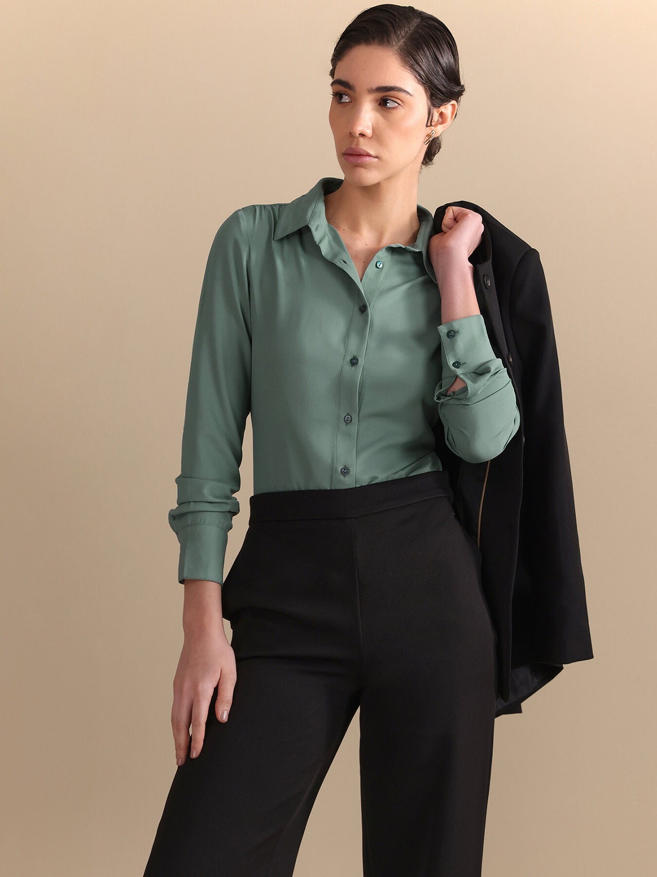 Gathered Shoulder V-Neck Shirt - Sage Green