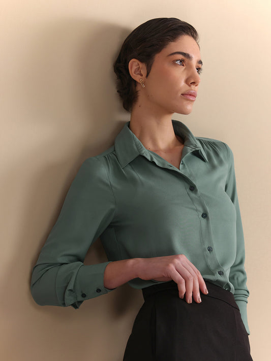 Gathered Shoulder V-Neck Shirt - Sage Green
