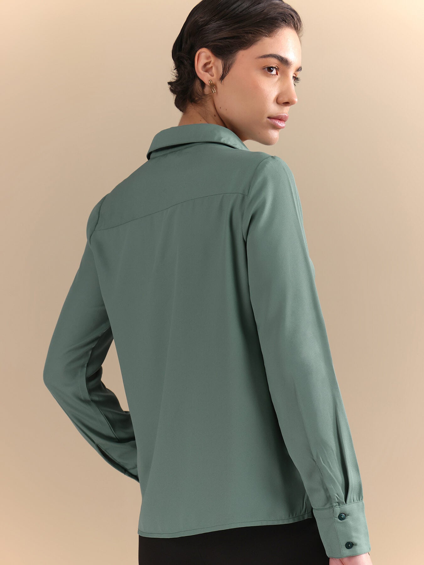 Gathered Shoulder V-Neck Shirt - Sage Green