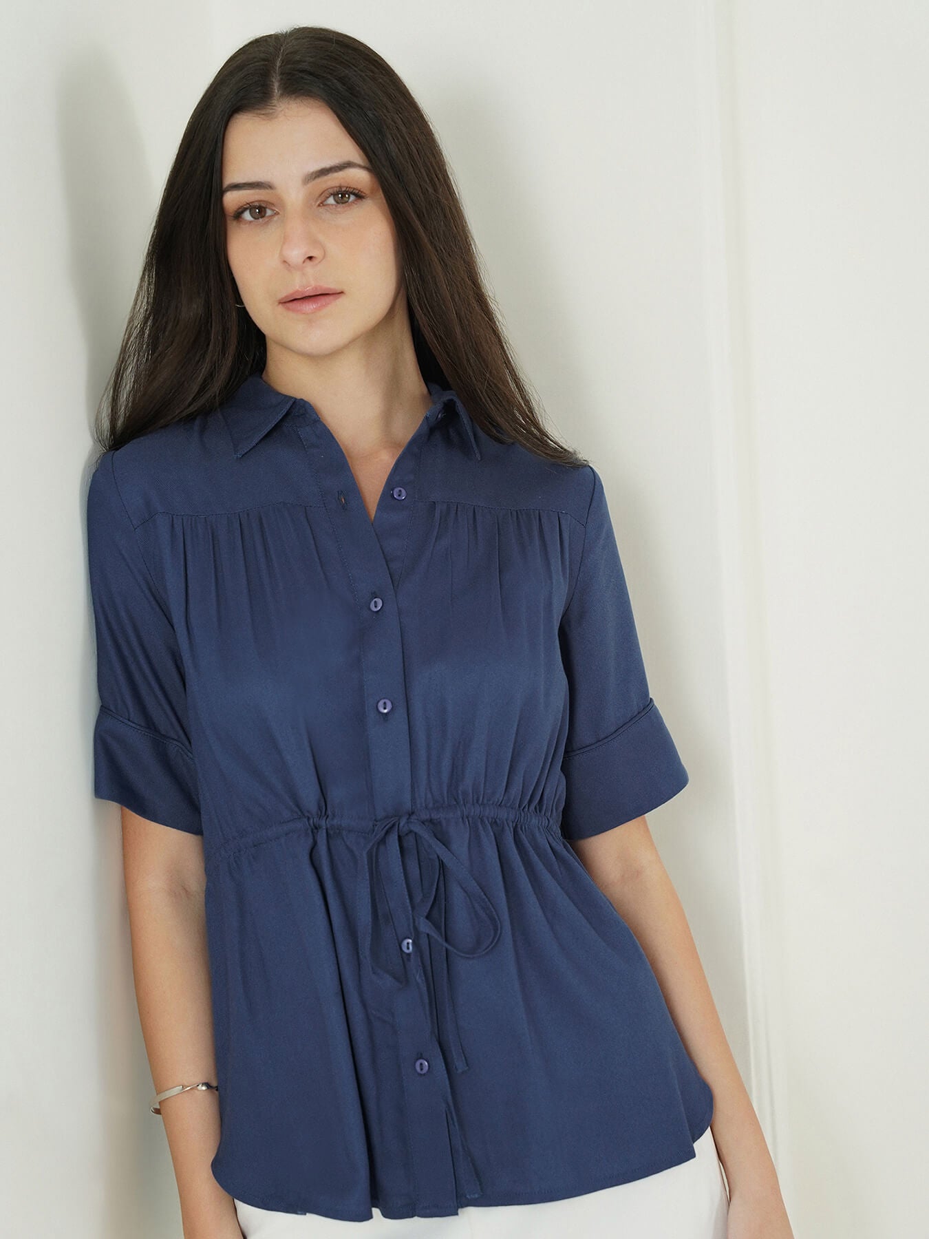 Viscose Drawstring Waist Shirt - Blue