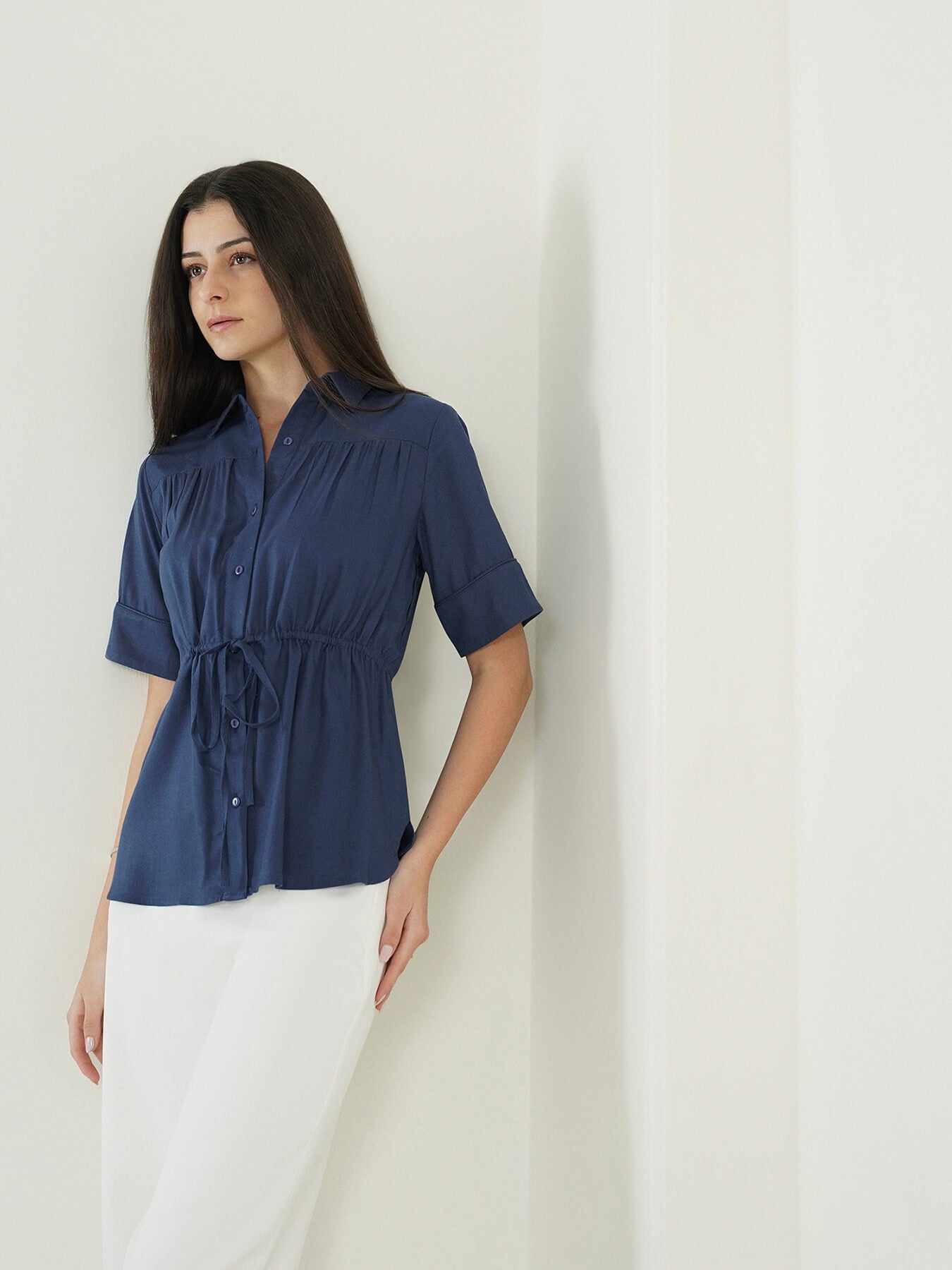 Viscose Drawstring Waist Shirt - Blue