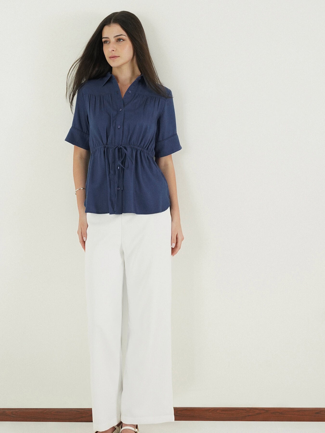 Viscose Drawstring Waist Shirt - Blue