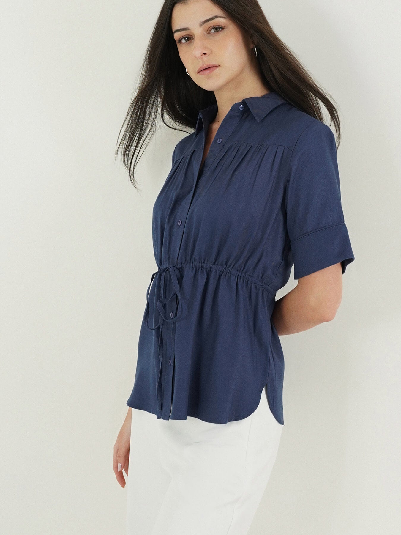 Viscose Drawstring Waist Shirt - Blue