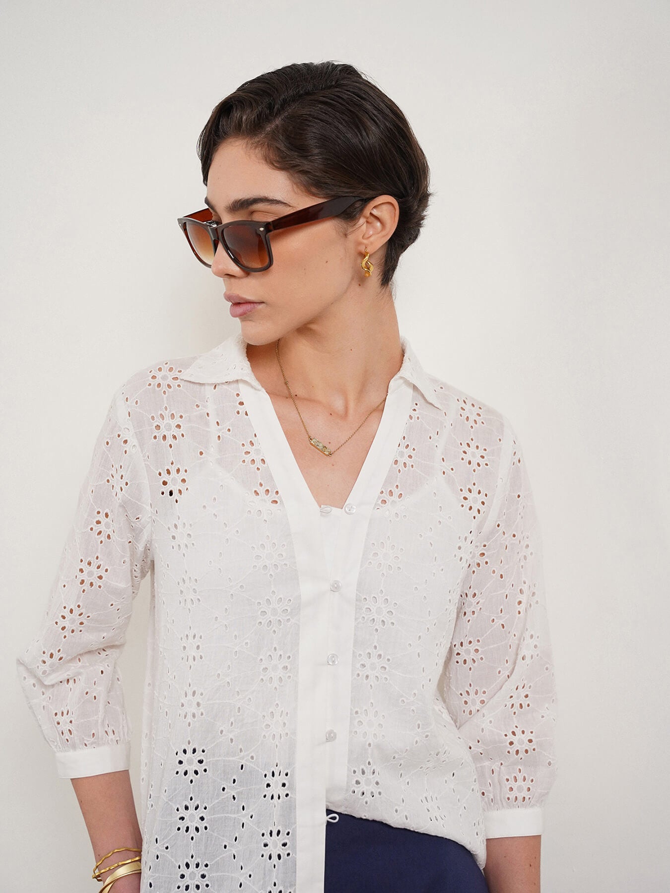 Cotton Floral Schiffli Shirt - White
