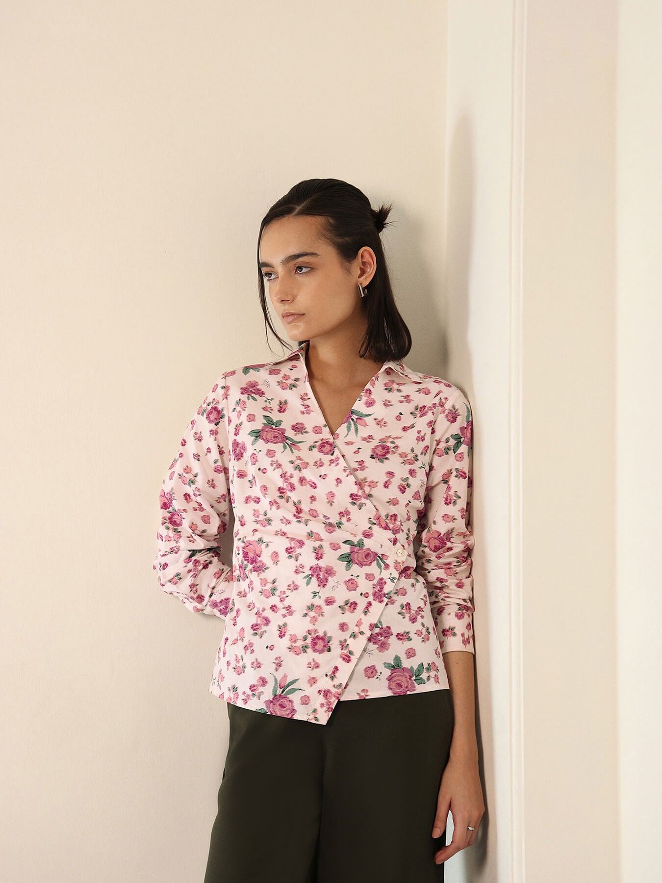 Cotton Floral Wrap Shirt - White