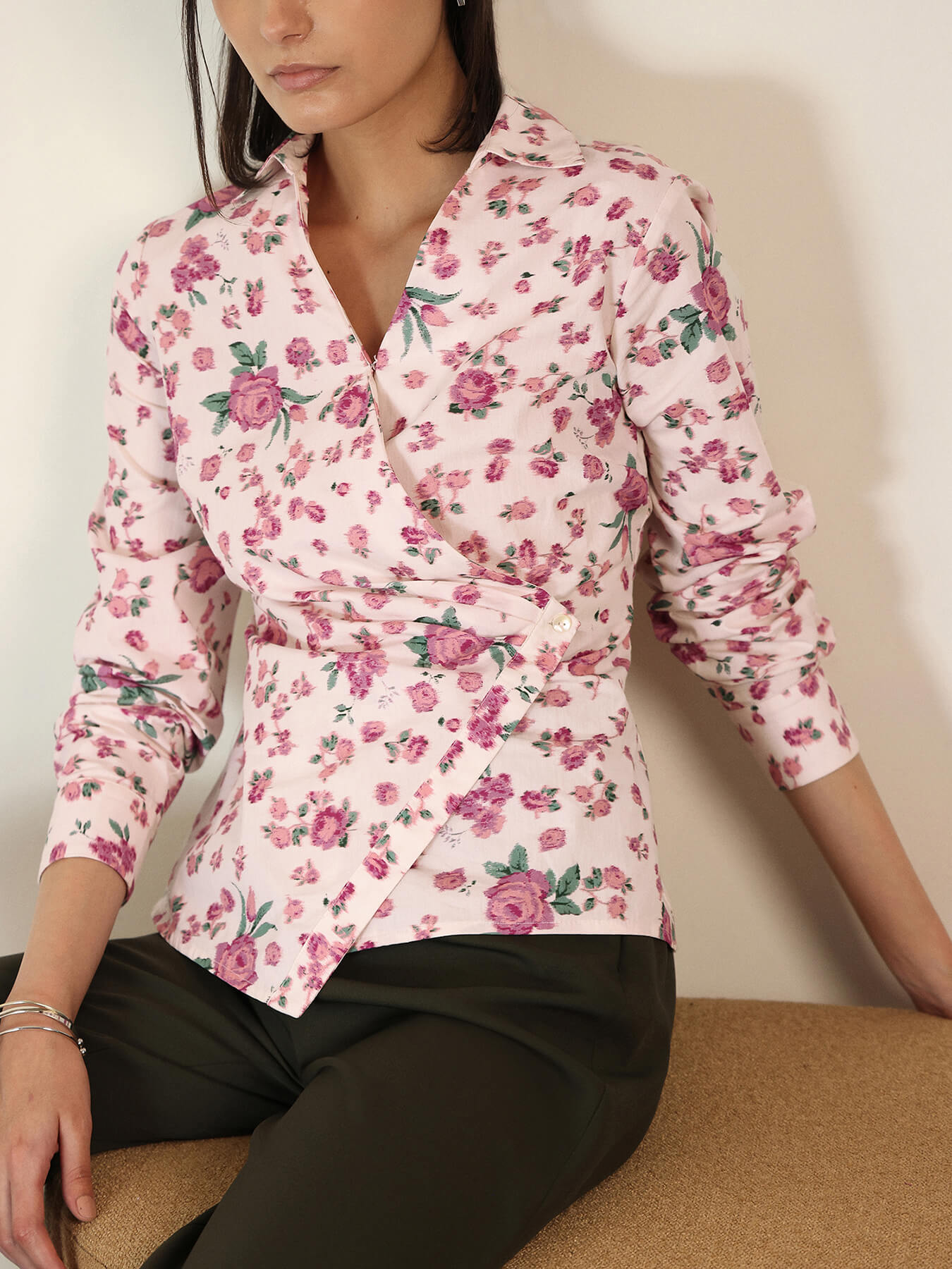 Cotton Floral Wrap Shirt - White