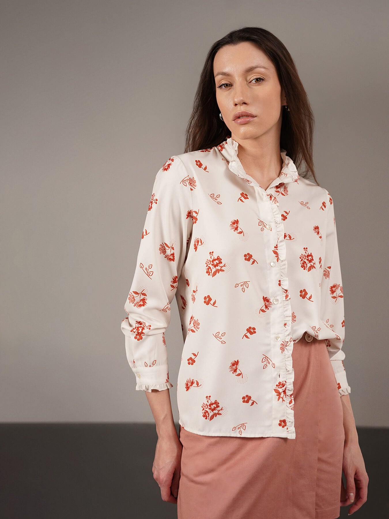Floral Shirt with Ruffles - White