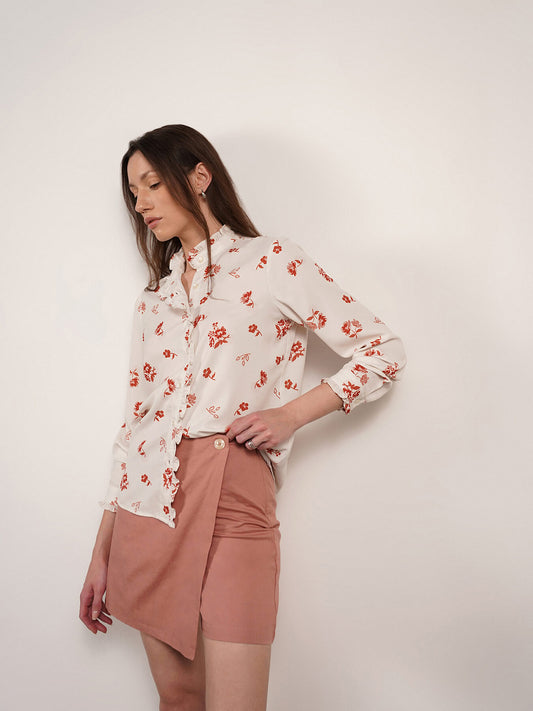 Floral Shirt with Ruffles - White