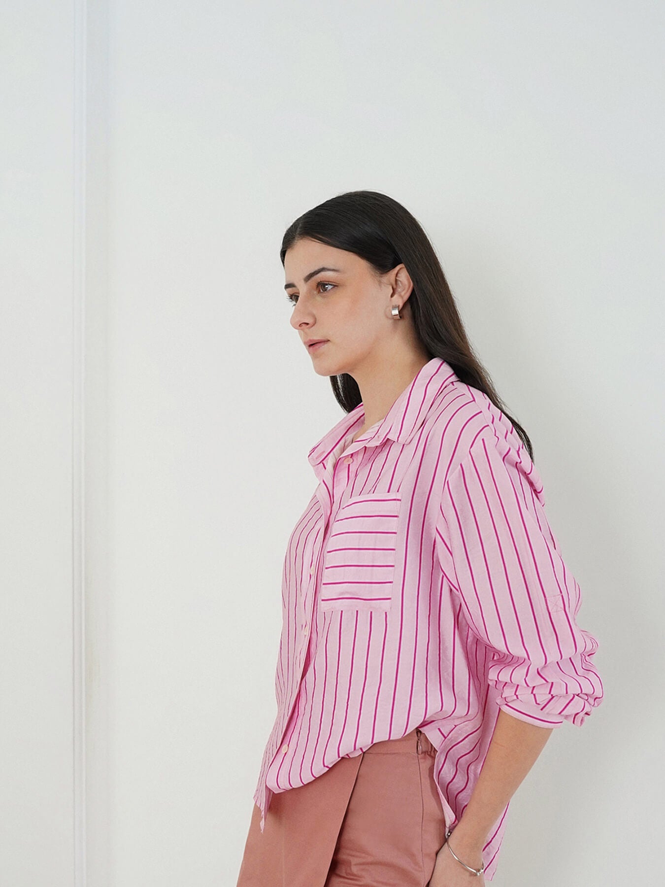 Viscose Oversized Striped Shirt - Pink