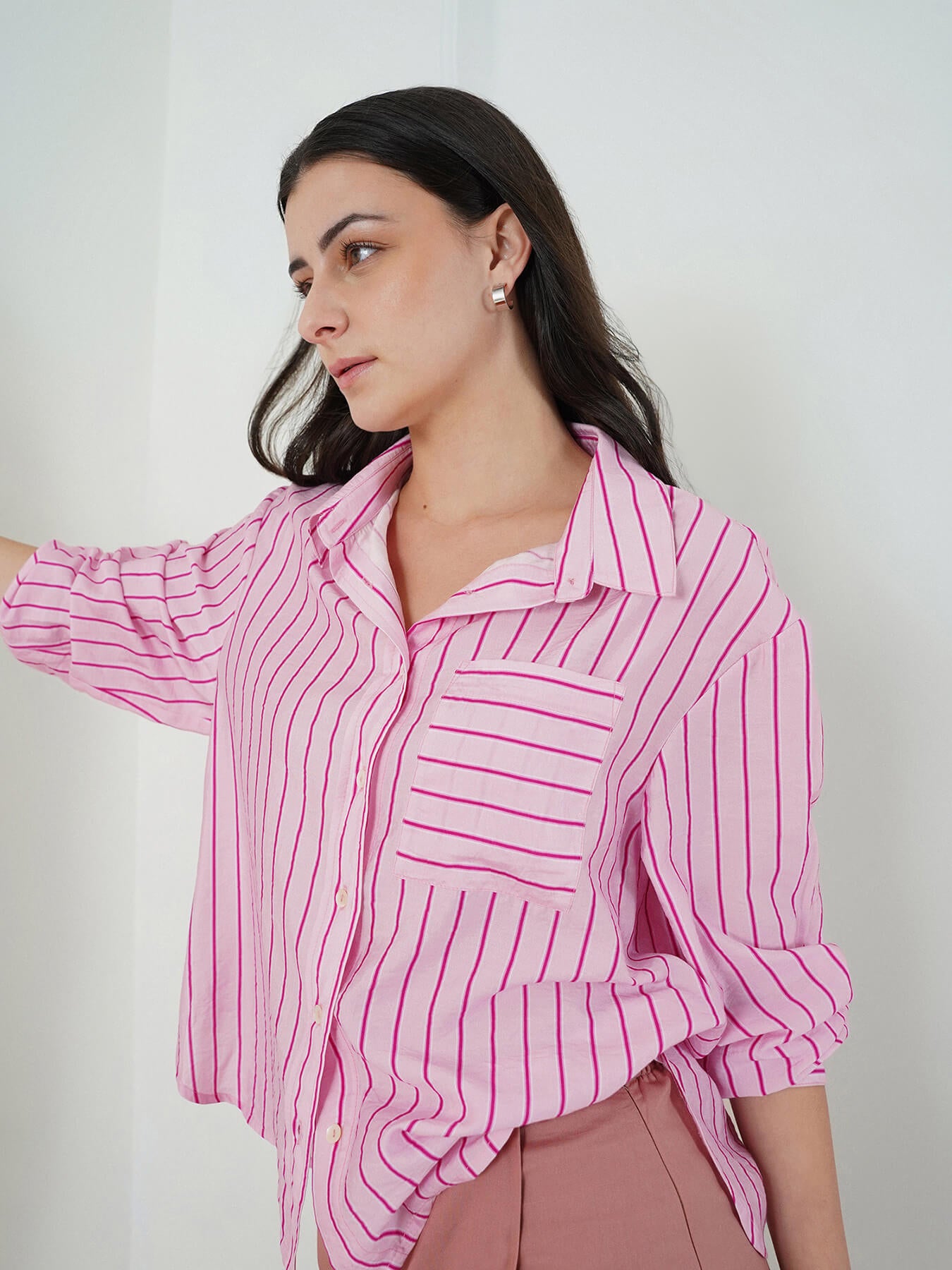Viscose Oversized Striped Shirt - Pink