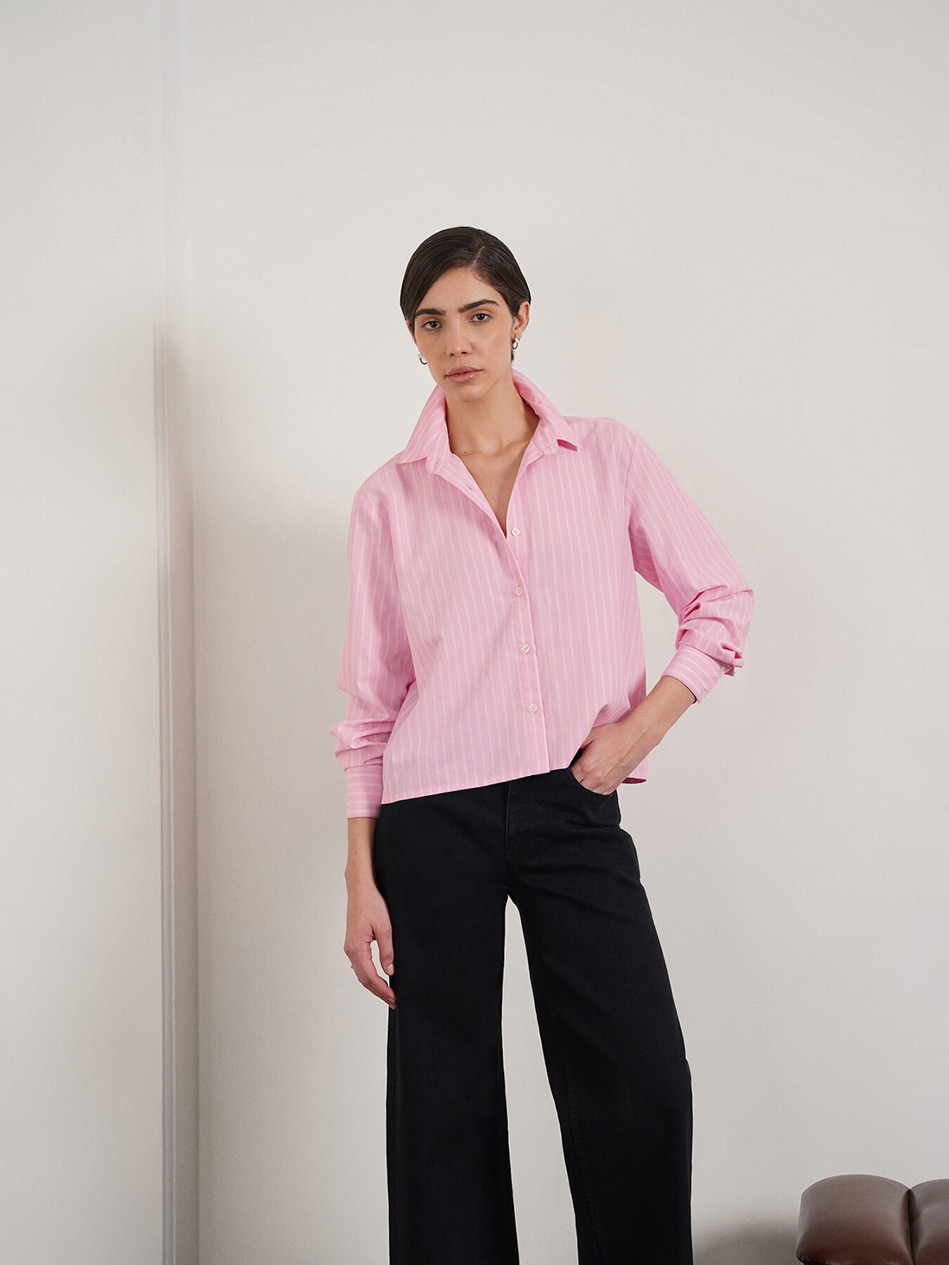Cotton Blend Crop Shirt - Pink