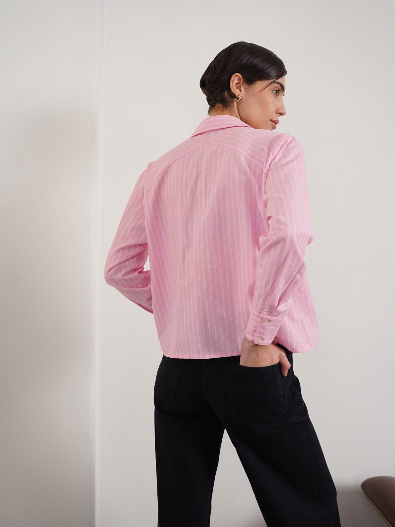 Cotton Blend Crop Shirt - Pink