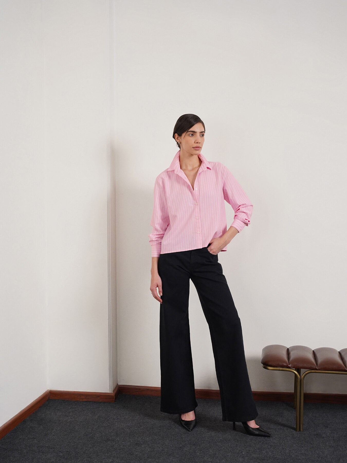 Cotton Blend Crop Shirt - Pink