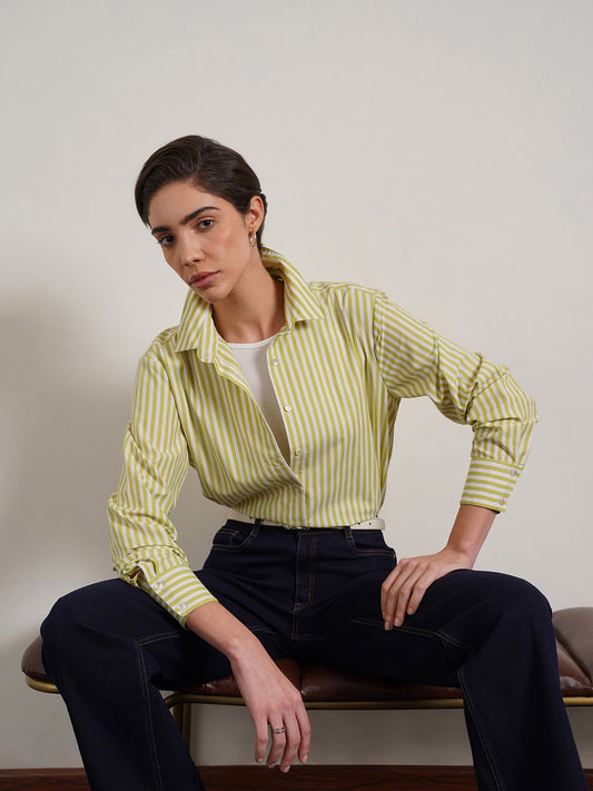 Cotton Blend Crop Shirt - Green