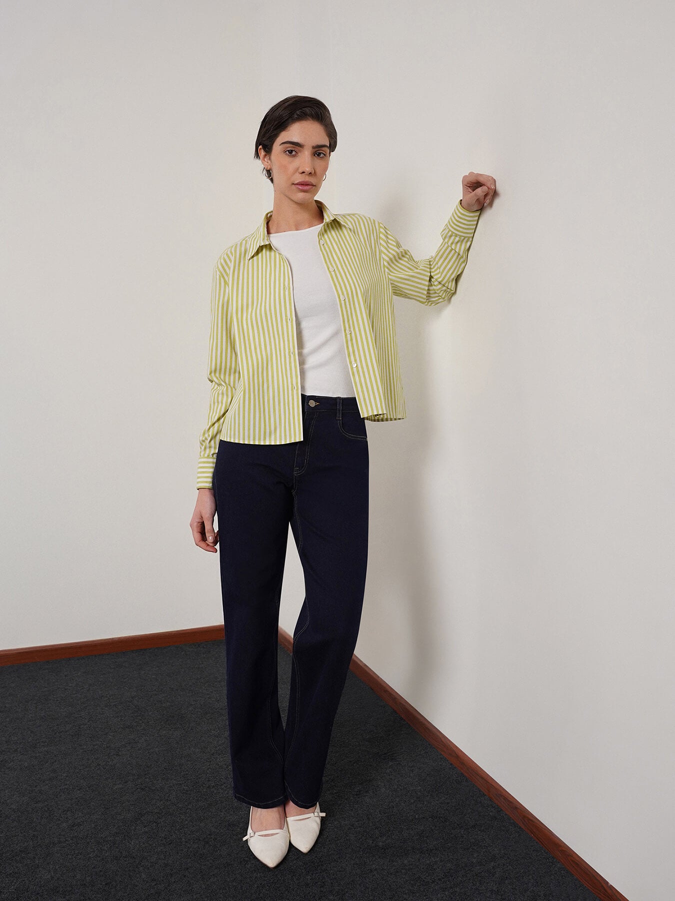 Cotton Blend Crop Shirt - Green