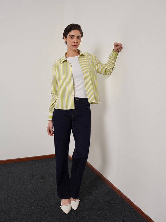 Cotton Blend Crop Shirt - Green