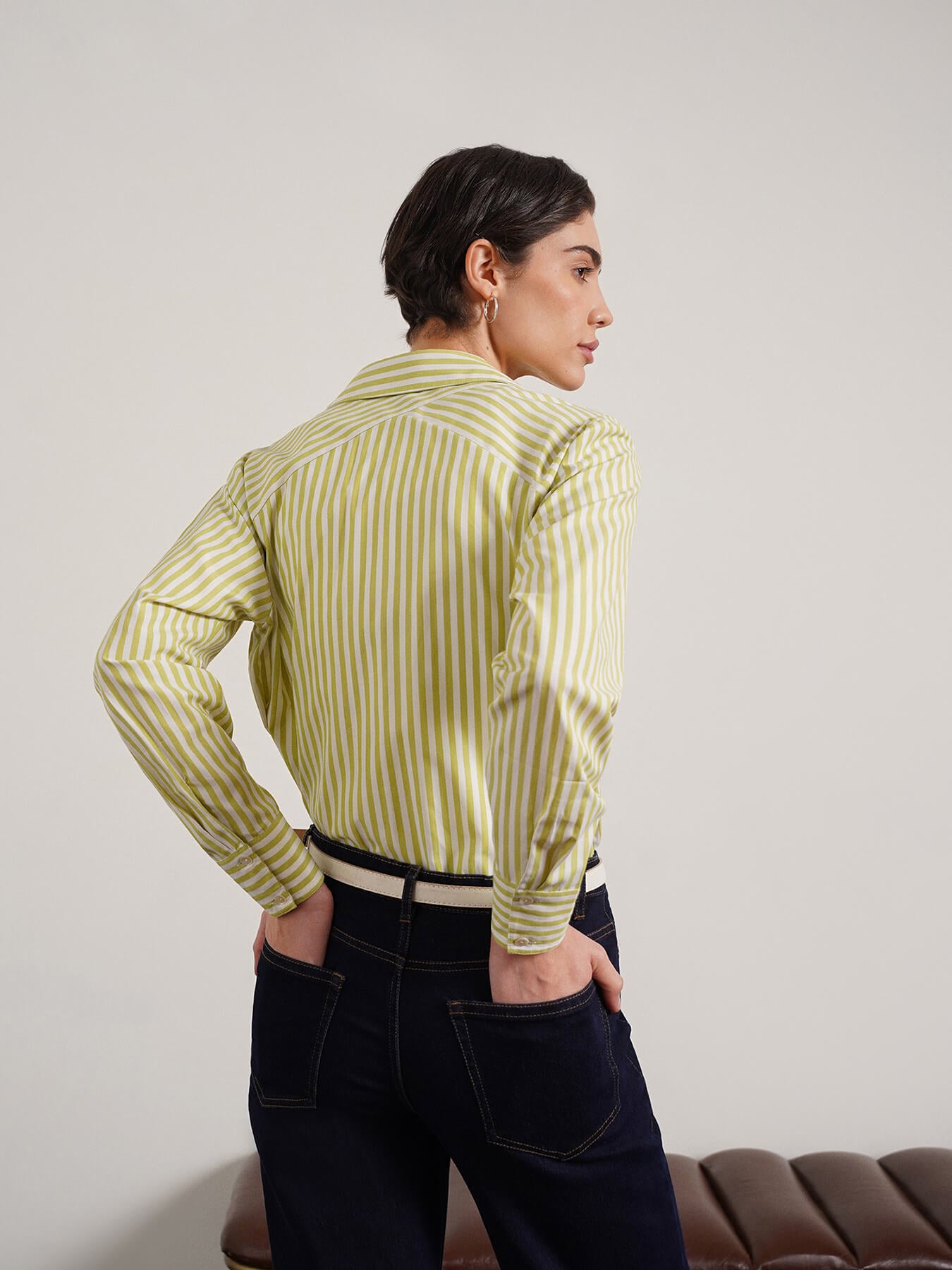 Cotton Blend Crop Shirt - Green