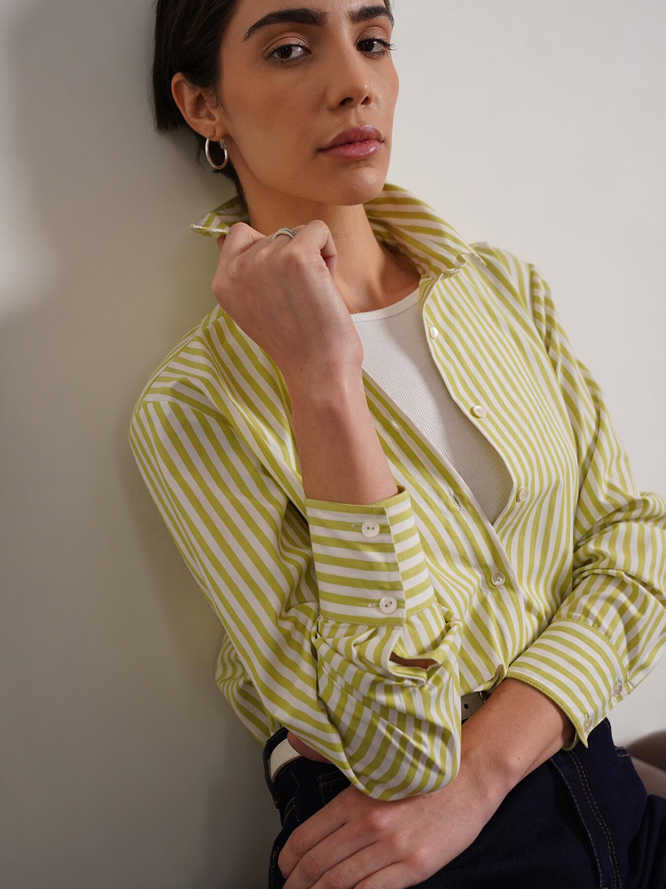 Cotton Blend Crop Shirt - Green