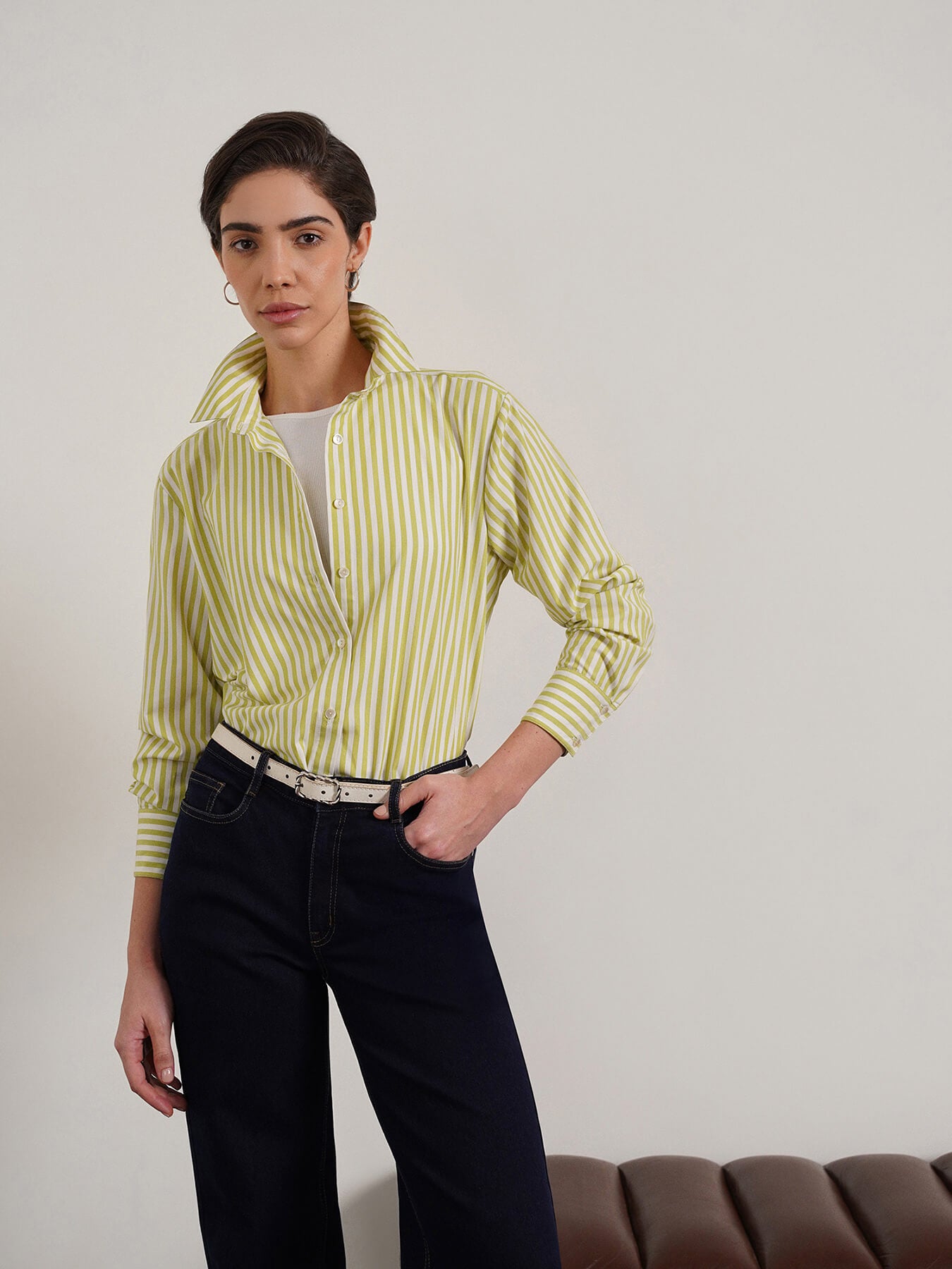 Cotton Blend Crop Shirt - Green