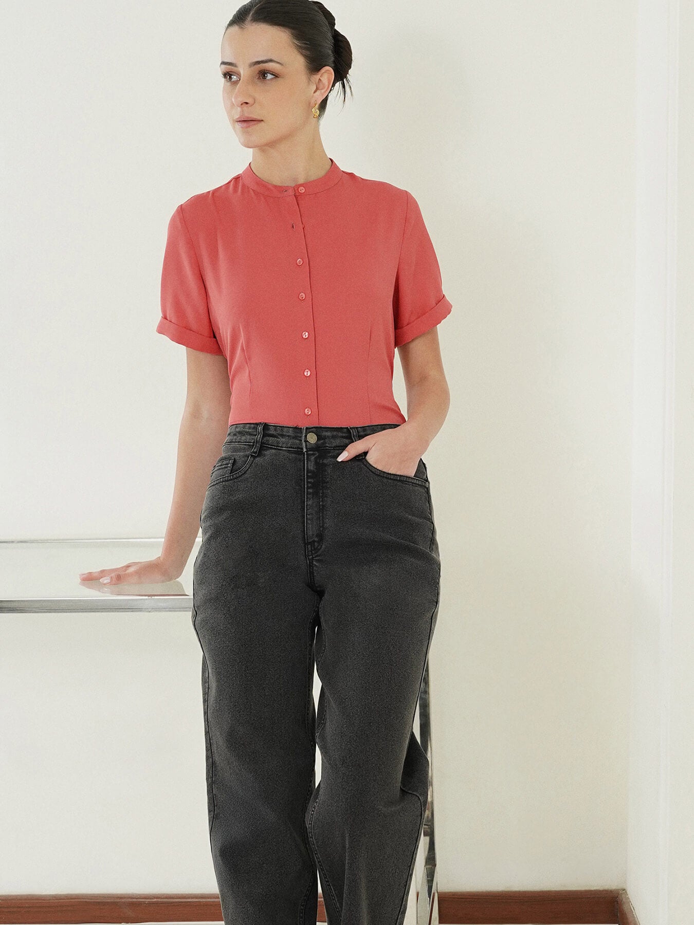 Mandarin Collar Shirt - Pink