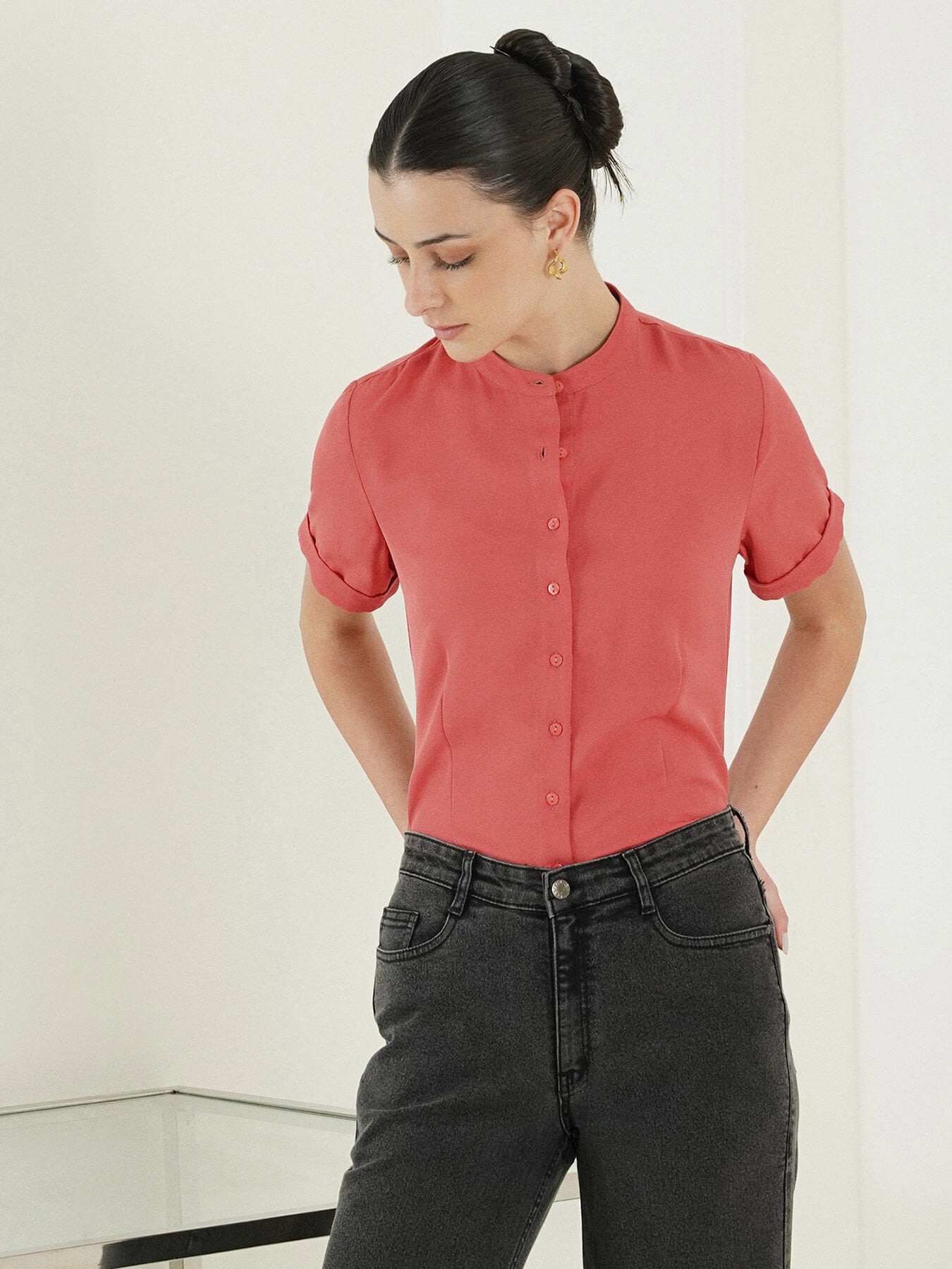 Mandarin Collar Shirt - Pink