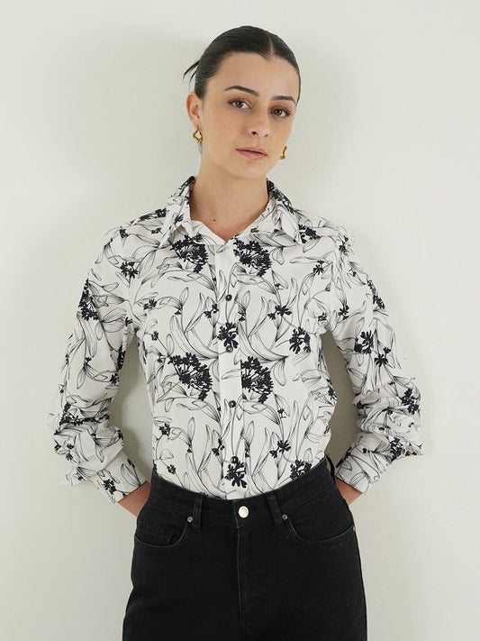 Cotton Abstract Print Shirt - White