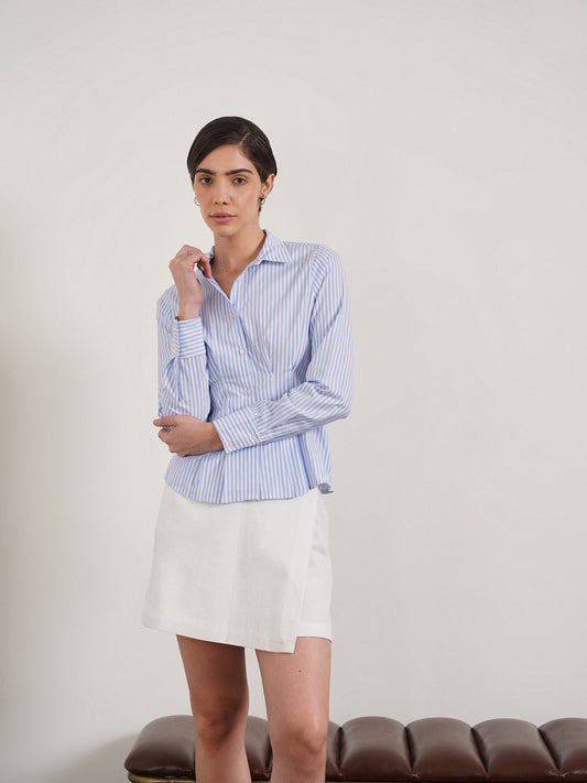 Striped Cinched Waist Shirt - Blue
