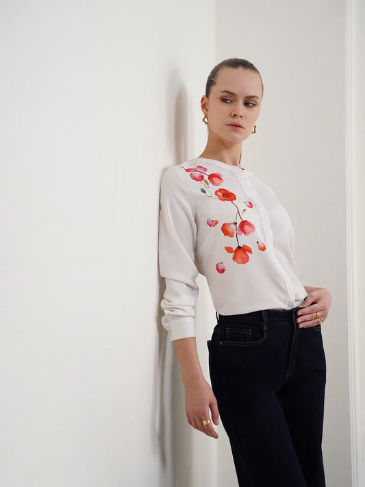 Floral Mandarin Collar Shirt - Off White